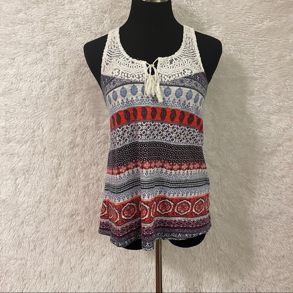 Lucky Brand Woman’s Striped Boho Lace Tie Neck Tank Top - Picture 1 of 8